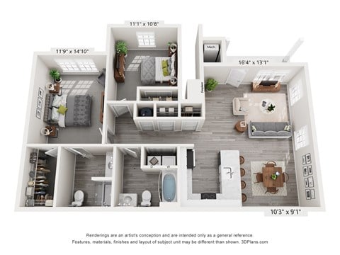 Floor plan for 2 beds, 2 baths, 1110 sqft